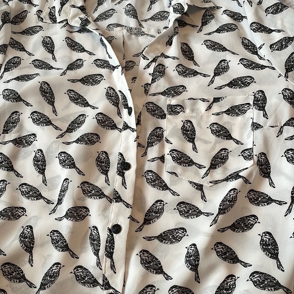 Sheer Button Up Collared Tie Front 3/4 Length Bird Shirt by Dynamite Sz S - Picture 5 of 5